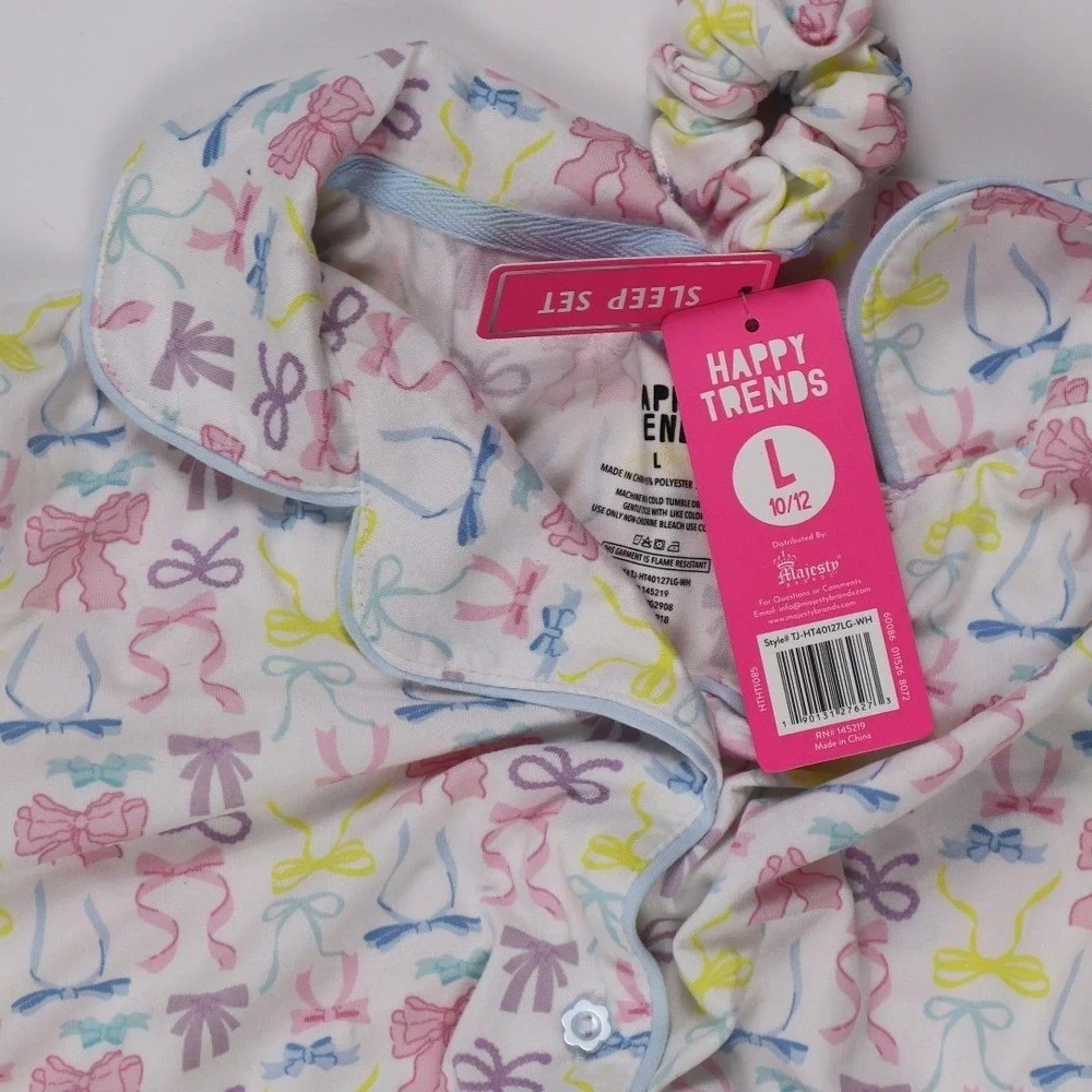 Happy Trends Pajama Top Bow Print White Pink Large 10/12 NWT